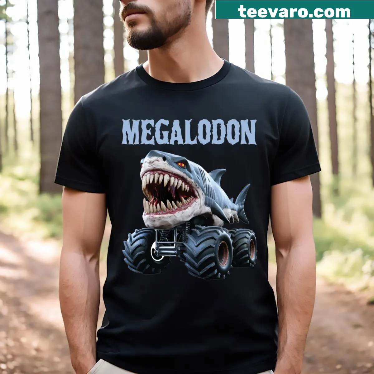 Illustrated T-shirt featuring a Megalodon shark graphic — on a men's t-shirt