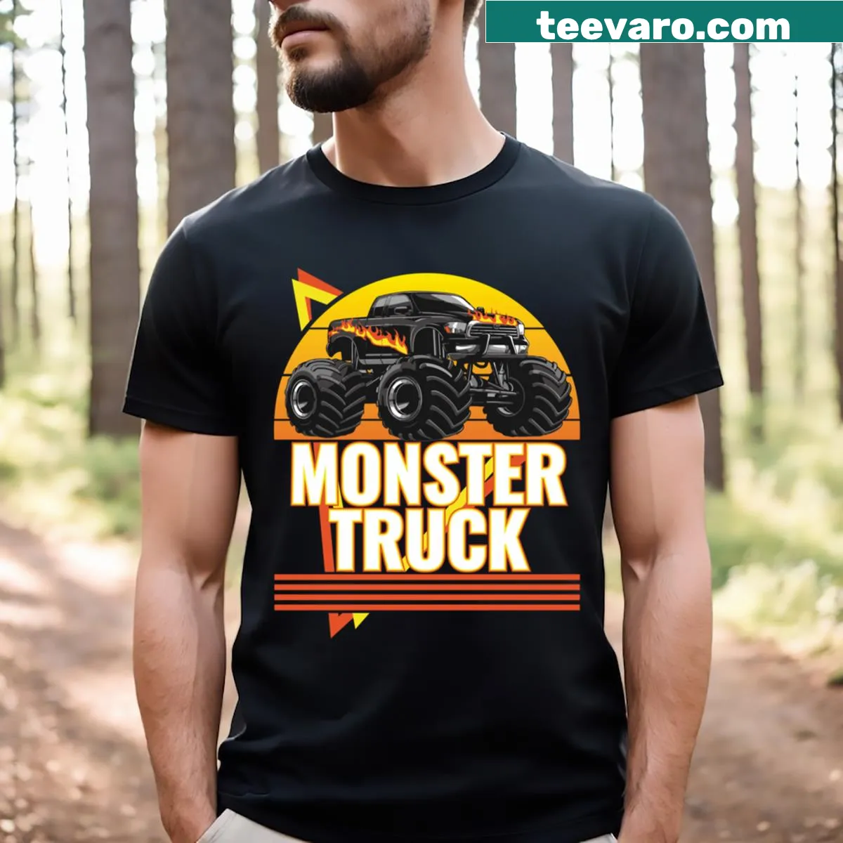 Monster Truck Blaze Of Glory T-shirt with dynamic truck graphic — on a men's t-shirt