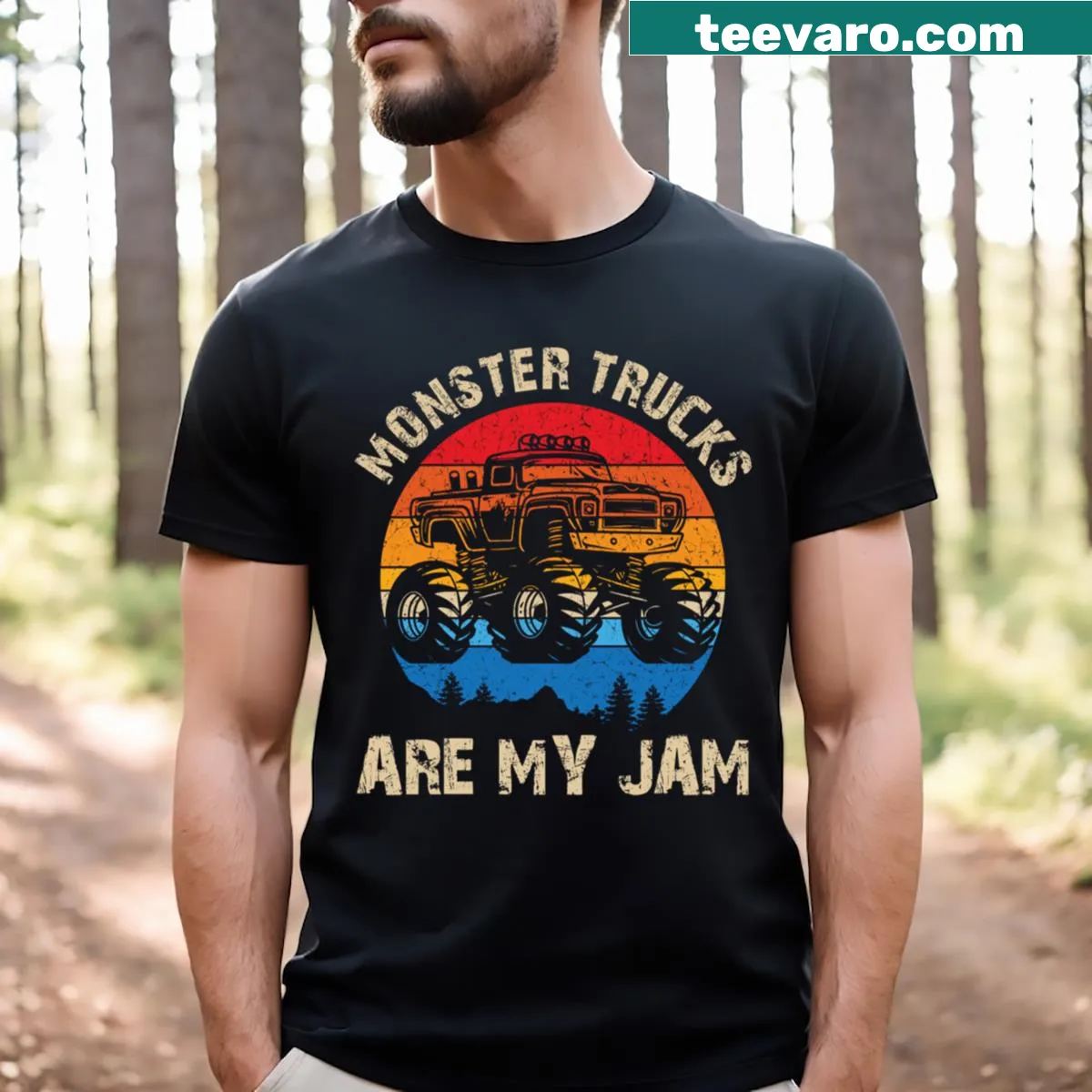 T-shirt with bold text stating 'Monster Trucks Are My Jam' — on a men's t-shirt