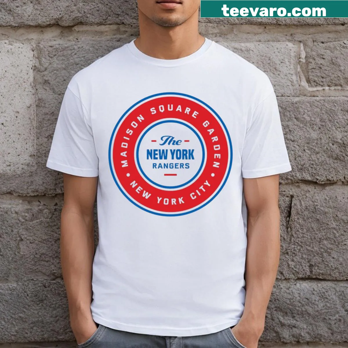 T-shirt featuring the New York Rangers MSG badge — on a men's t-shirt