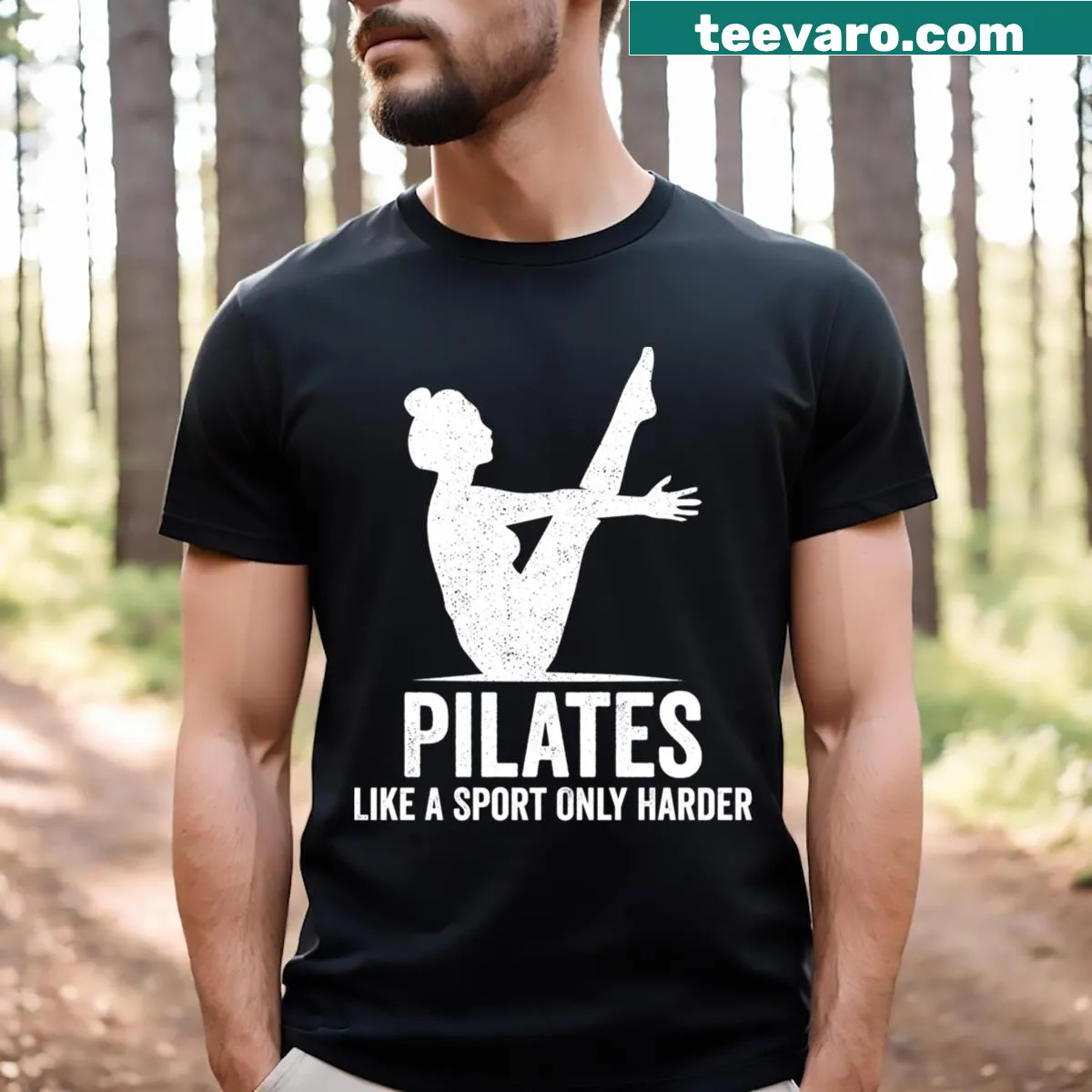 T-shirt emphasizing the challenge of Pilates as a sport — on a men's t-shirt