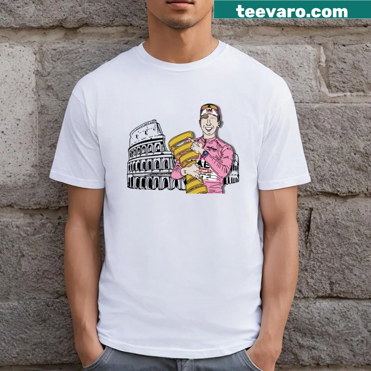 Playful Pogi character design on a travel-themed t-shirt — on a men's t-shirt
