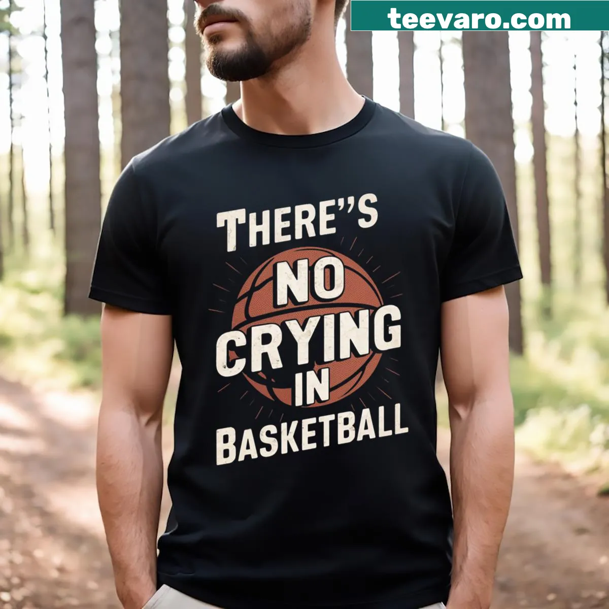 Funny basketball saying t-shirt with bold text about no crying — on a men's t-shirt