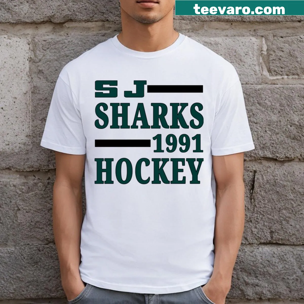 SJ Sharks Hockey 1991 t-shirt with team name — on a men's t-shirt
