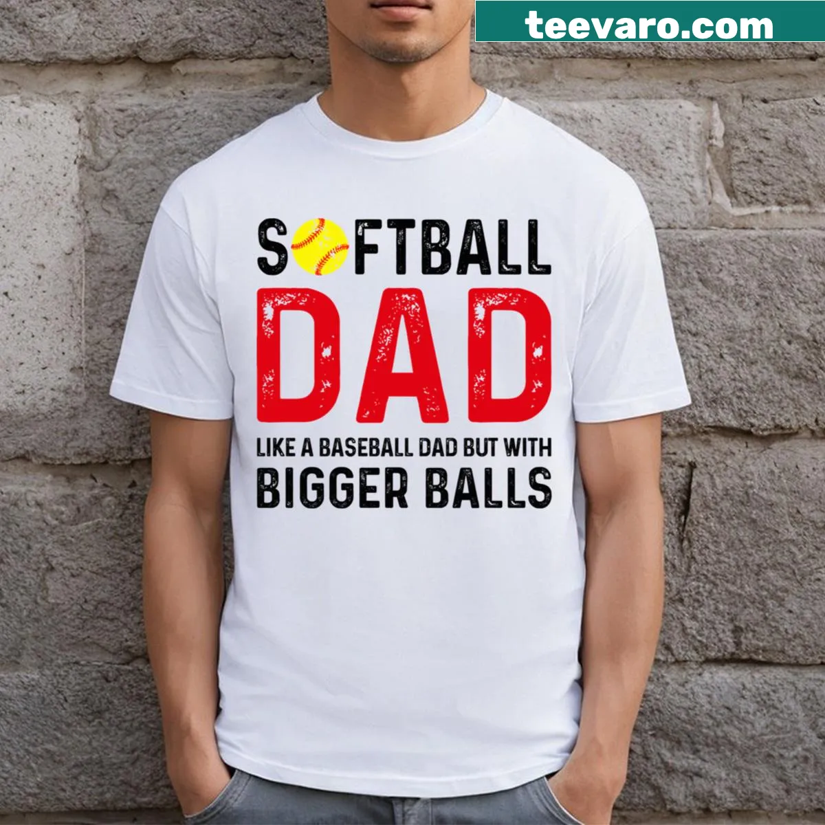 Humorous t-shirt for softball dads with a playful graphic comparing sports — on a men's t-shirt