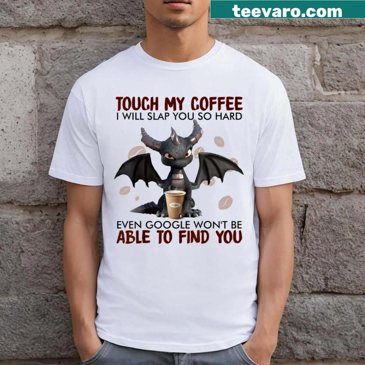 Cartoon dragon coffee t-shirt with a humorous warning — on a men's t-shirt