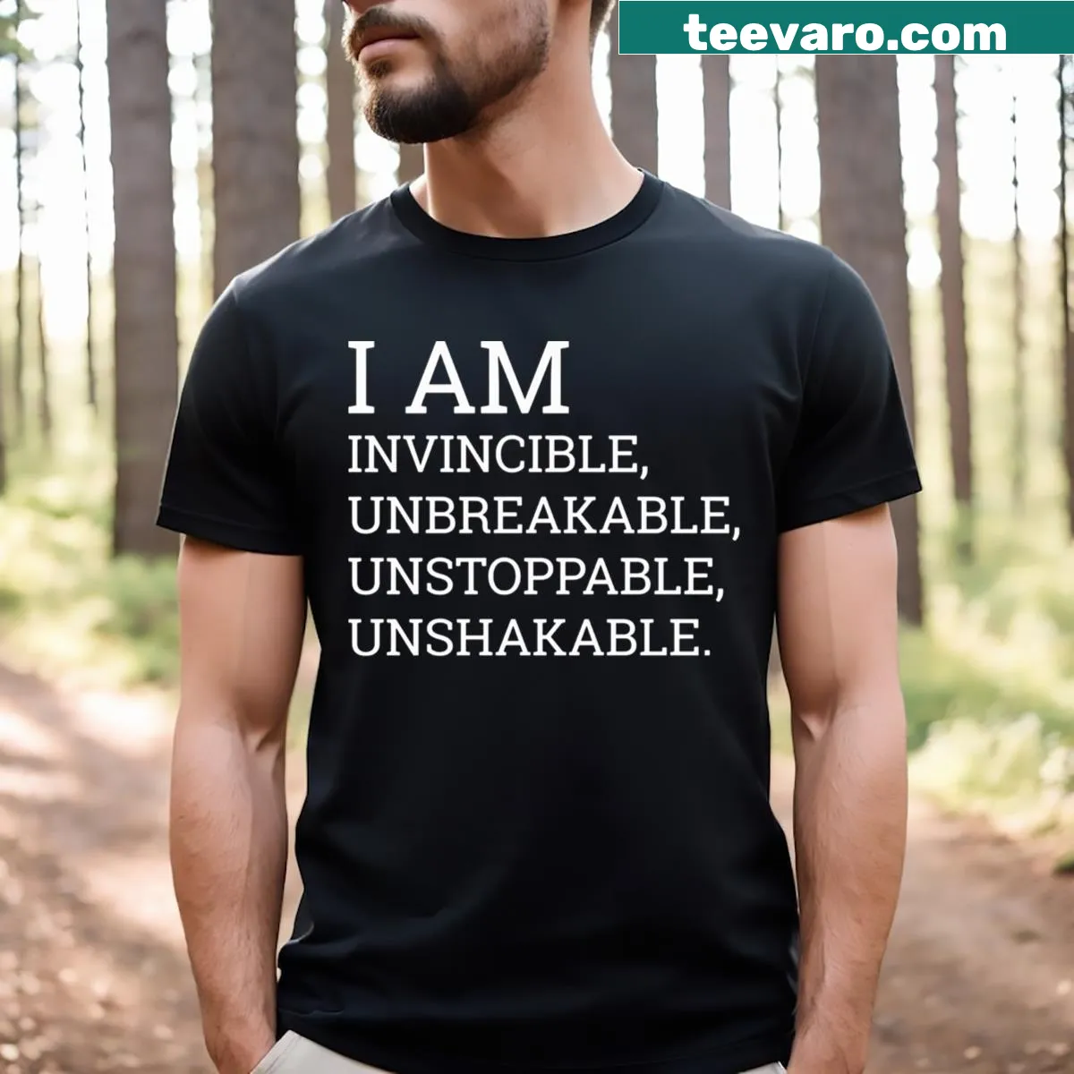 Invincible Unstoppable t-shirt with bold typography — on a men's t-shirt