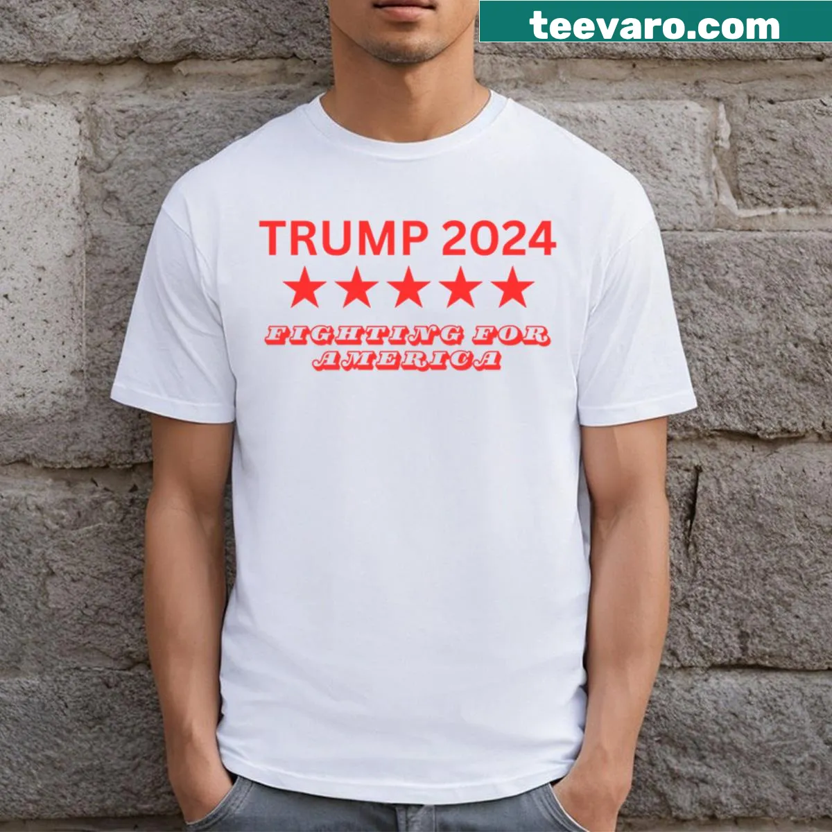 T-shirt with bold text stating 'Fighting For America' — on a men's t-shirt
