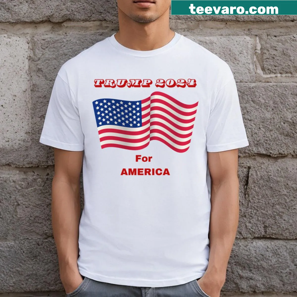Trump 2024 For America t-shirt with bold text — on a men's t-shirt