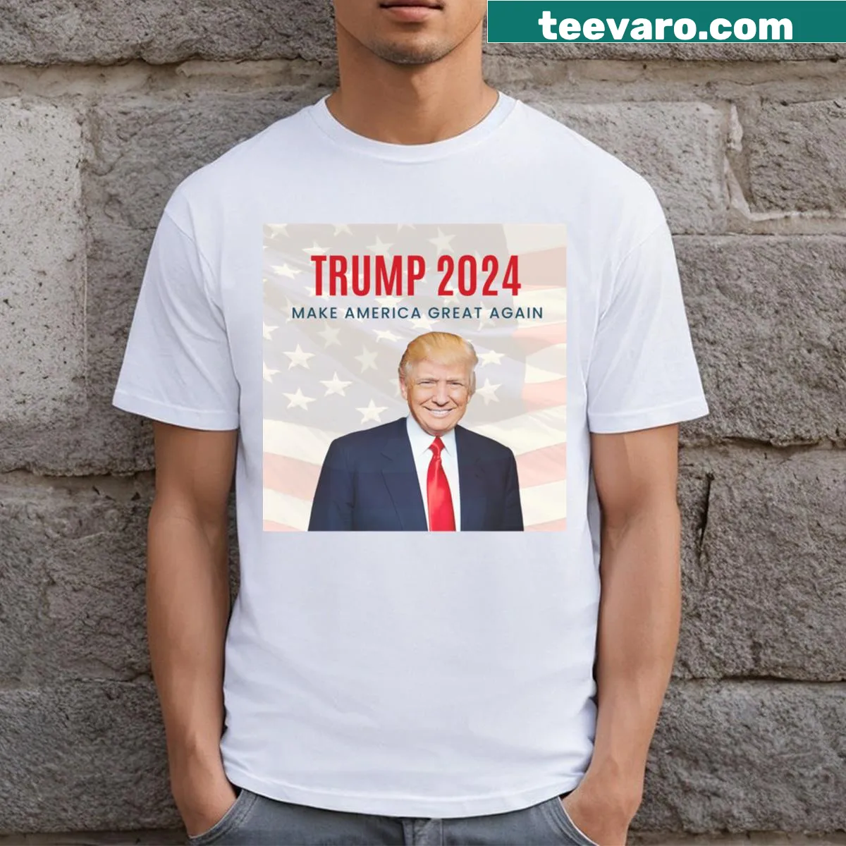 T-shirt featuring bold 'MAGA 2024' text — on a men's t-shirt