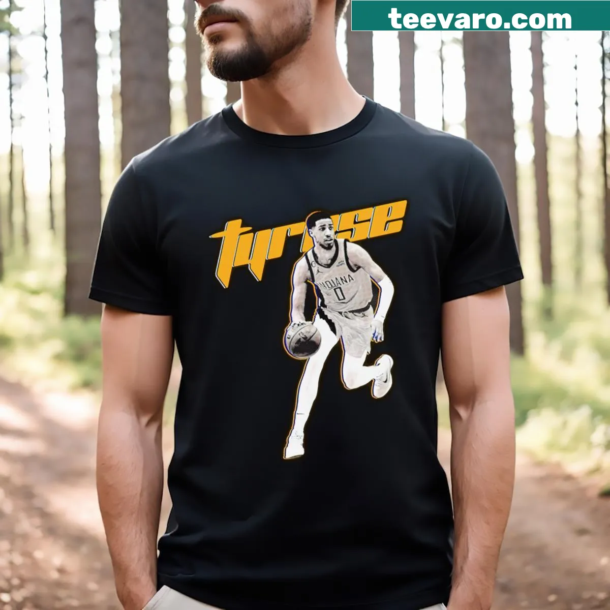 Tyrese Haliburton Y2k portrait t-shirt design — on a men's t-shirt