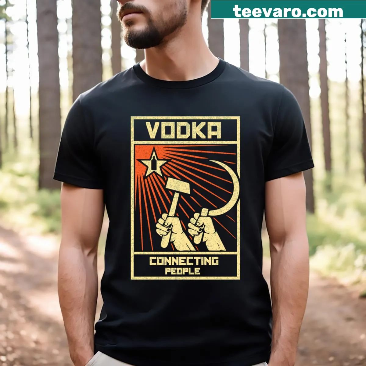 Humorous t-shirt featuring 'Vodka Connecting People' phrase — on a men's t-shirt