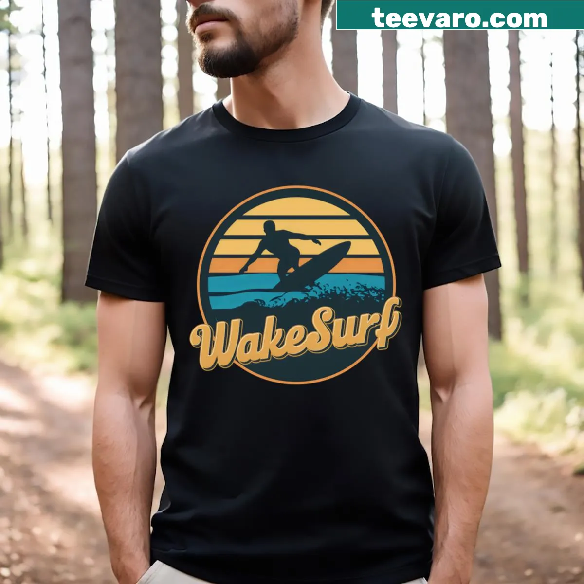 T-shirt featuring a design related to wakesurfing — on a men's t-shirt