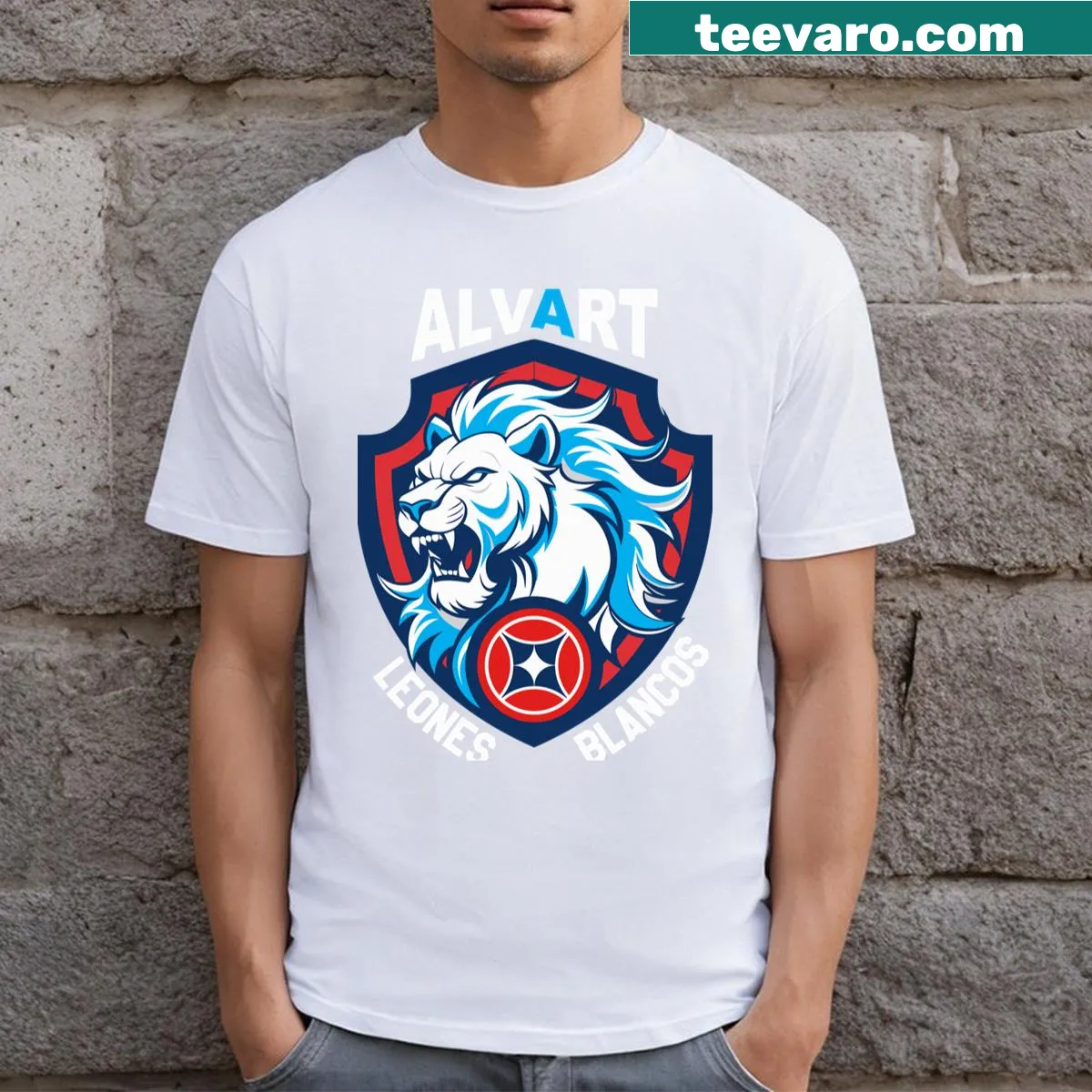 Alvart Puebla University logo T-shirt — on a men's t-shirt