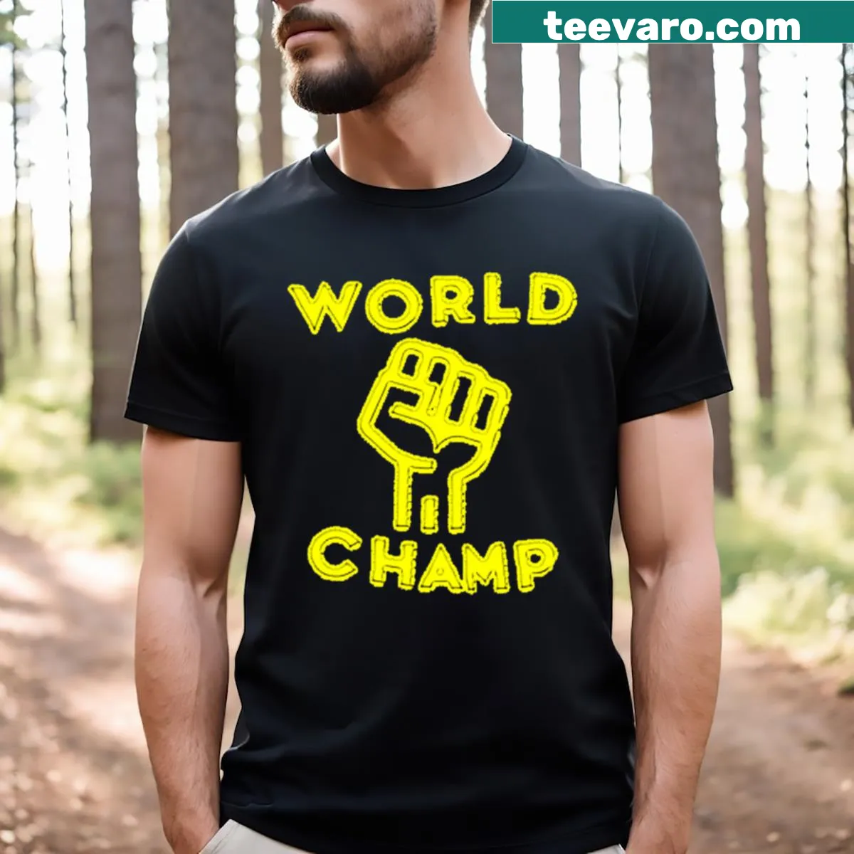 World Champ T-shirt with a fist logo and vibrant design — on a men's t-shirt