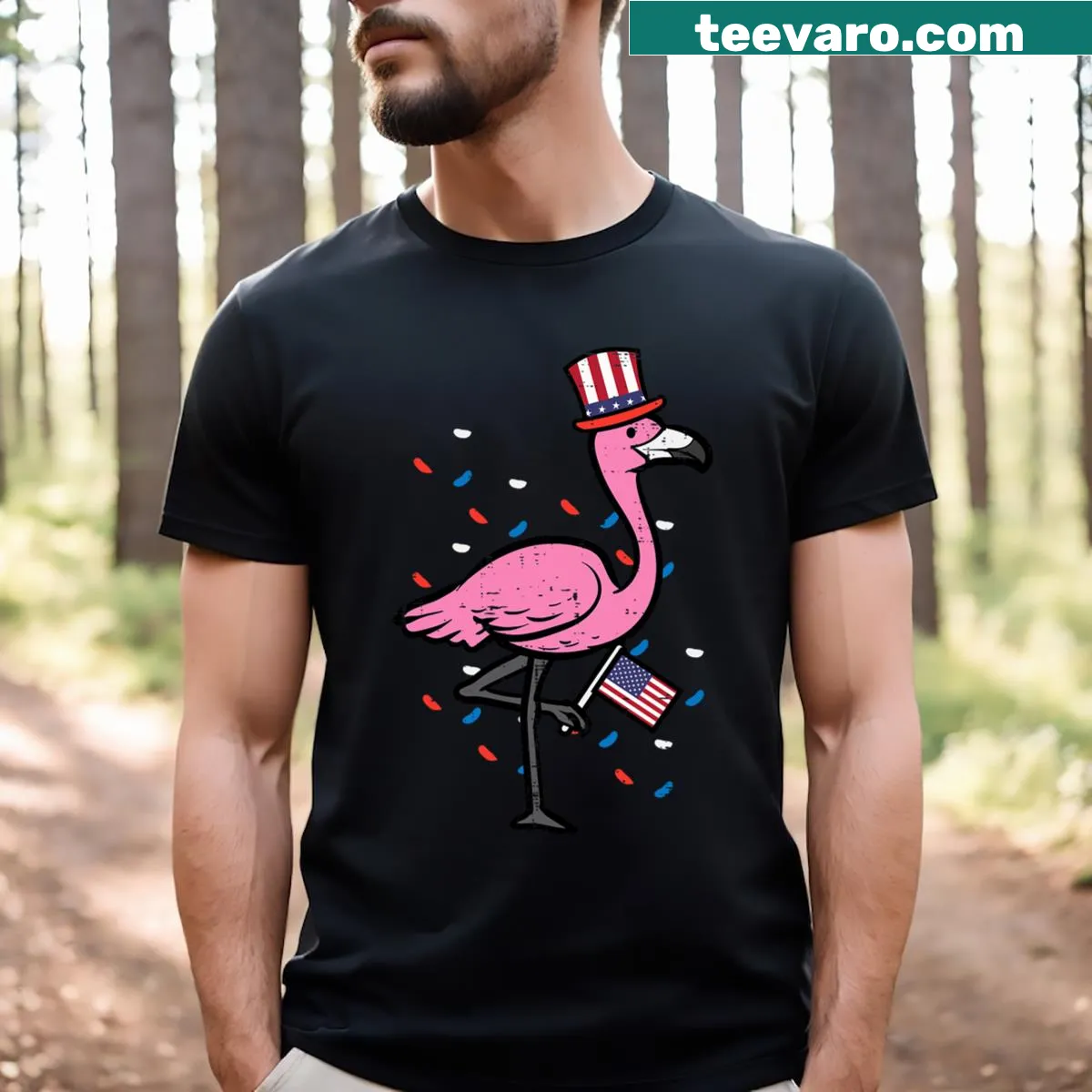 Patriotic flamingo design T-shirt for kids and adults on July 4th — on a men's t-shirt