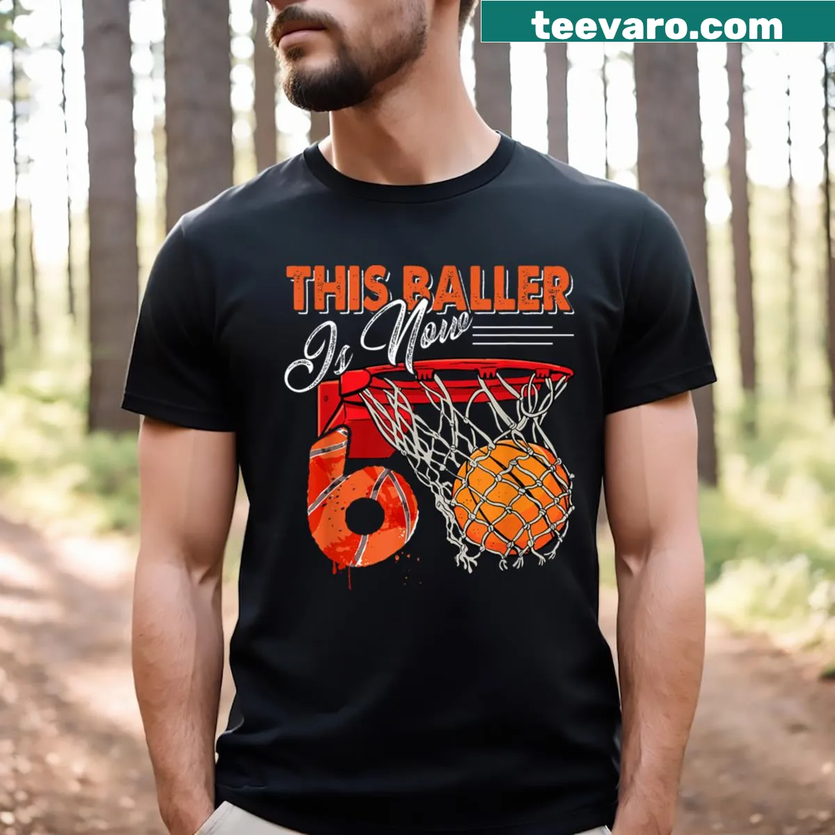 6th Birthday Basketball T-shirt with fun graphics — on a men's t-shirt