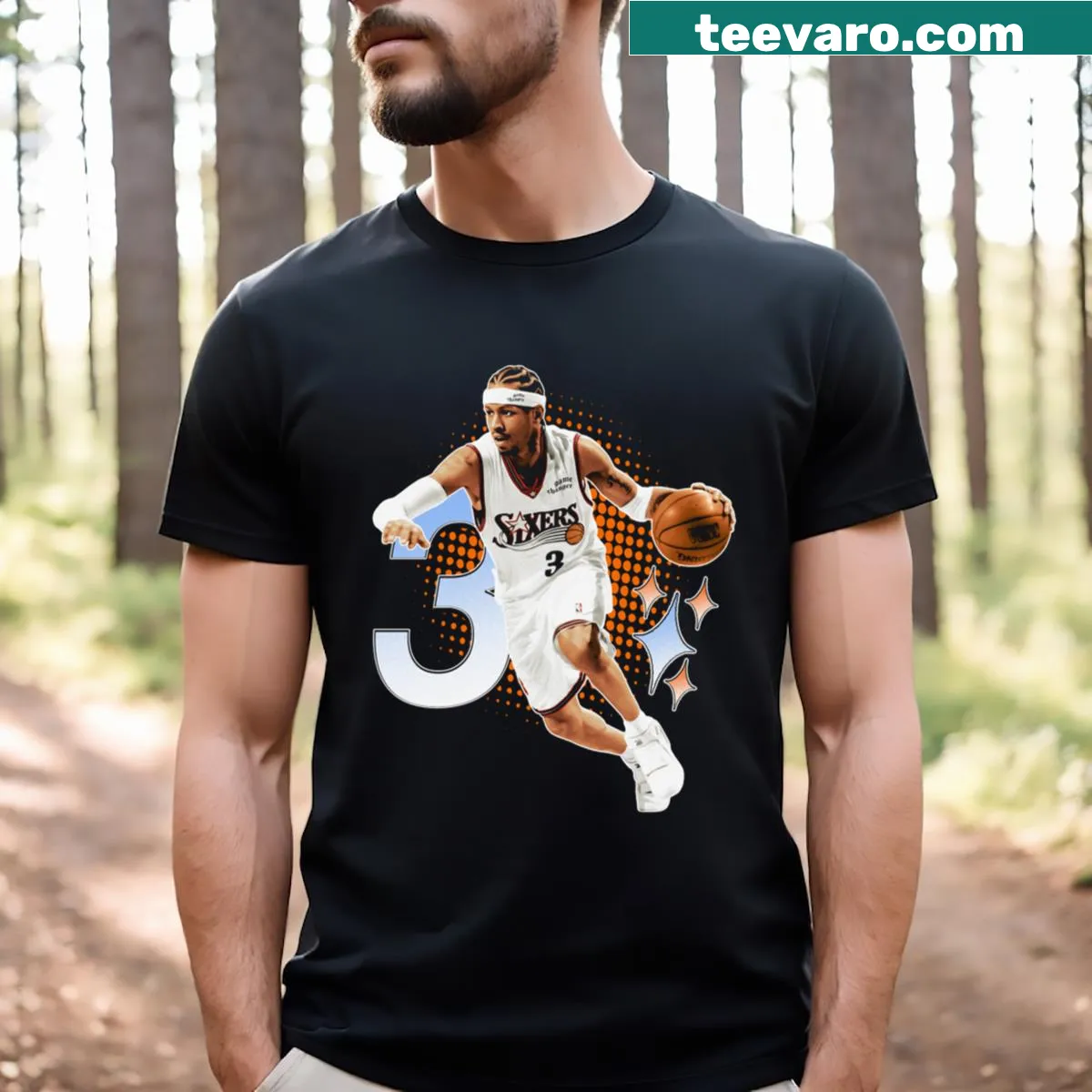 Illustration of Allen Iverson in a superstar pose on a t-shirt — on a men's t-shirt