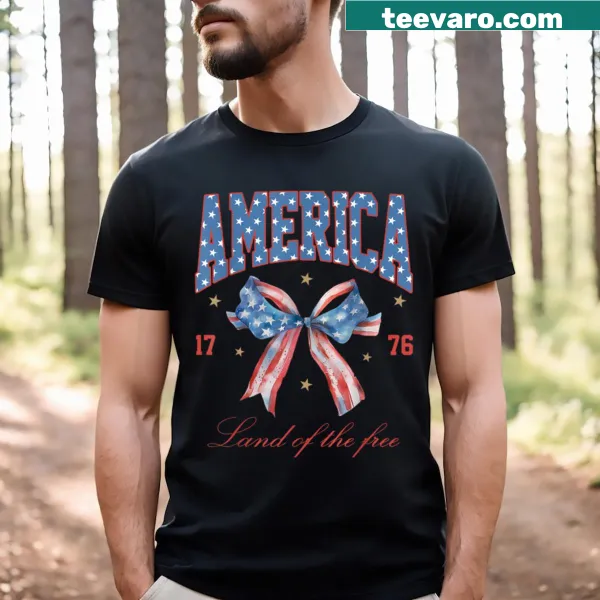 Badge style graphic with 'Land Of The Free 1776' on a t-shirt
