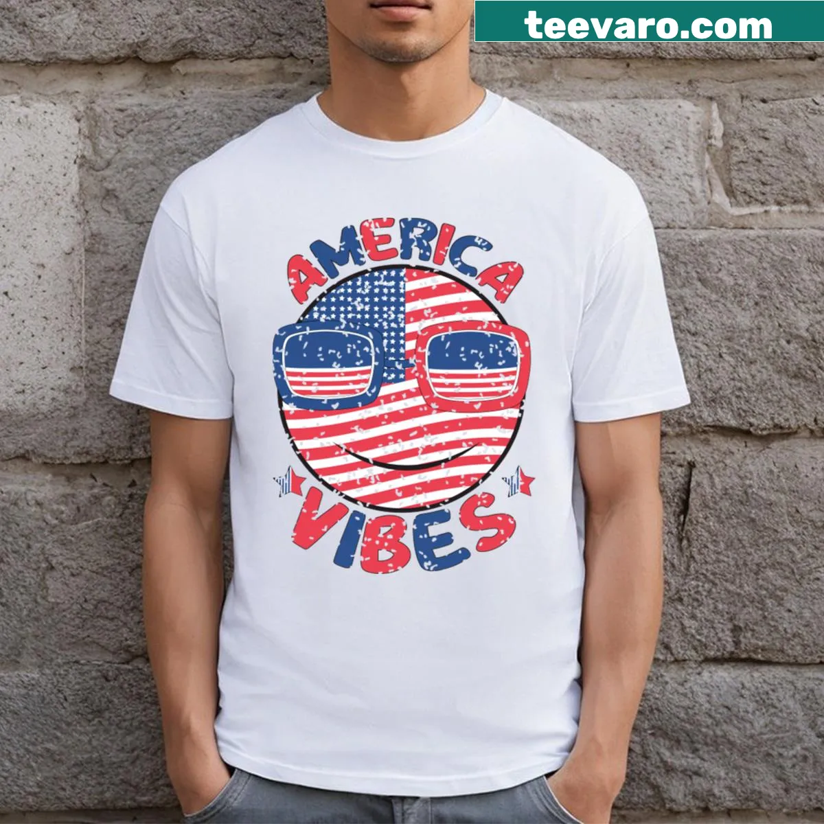 America Vibes T-shirt celebrating Independence Day with bold typography — on a men's t-shirt