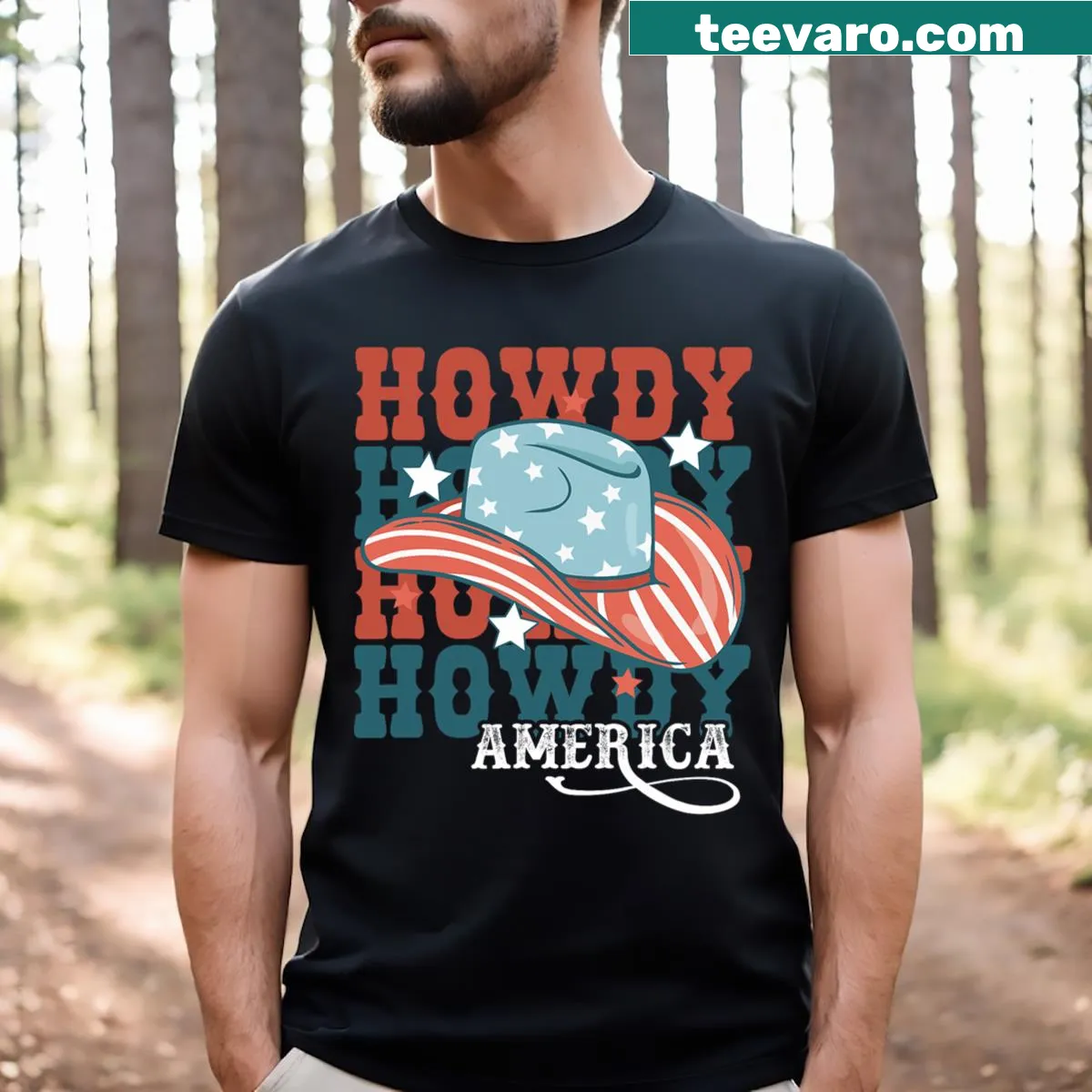 American Howdy T-shirt with playful western and patriotic graphics for July 4th — on a men's t-shirt