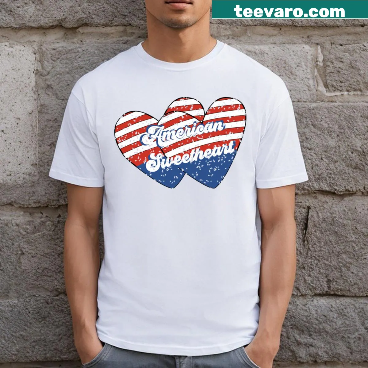 American Sweetheart T-shirt featuring nostalgic graphics for July 4th — on a men's t-shirt