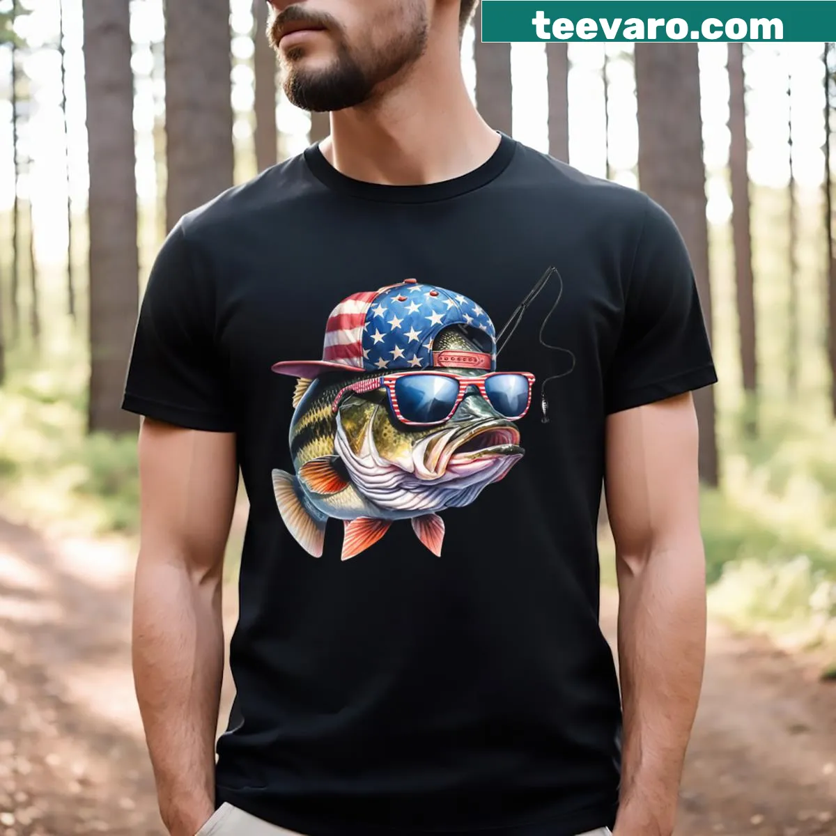 Bass fish graphic with USA flag for Fourth of July — on a men's t-shirt