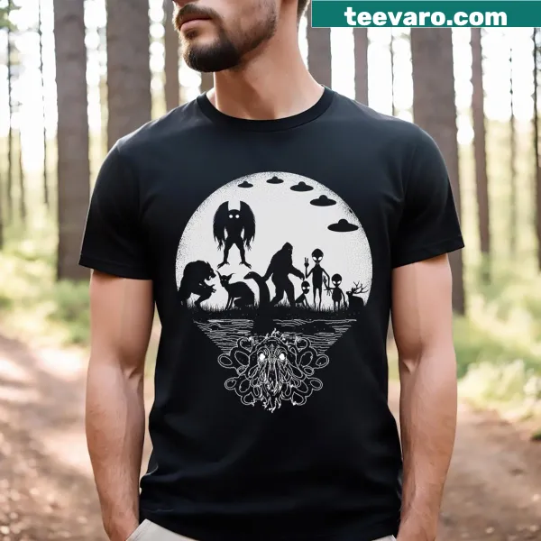 Funny cryptid t-shirt featuring Bigfoot, Mothman, Loch Ness Monster, and aliens