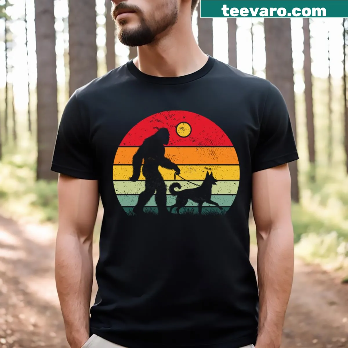 Vintage hiking t-shirt featuring Bigfoot and a Belgian Laekenois dog — on a men's t-shirt