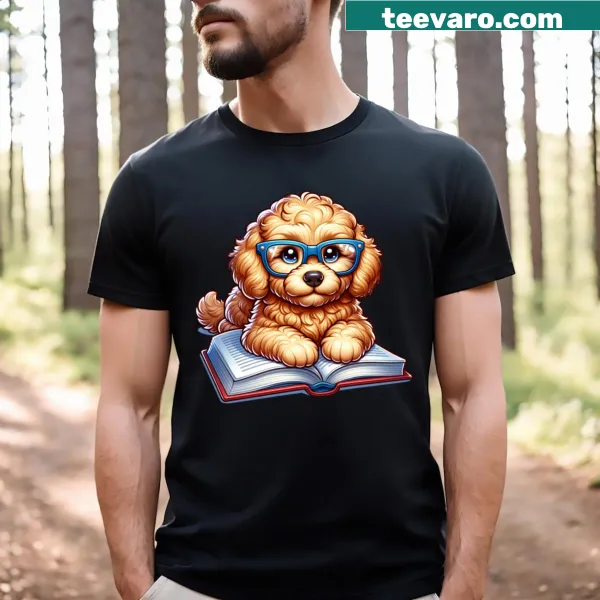 Goldendoodle t-shirt featuring a dog reading a book
