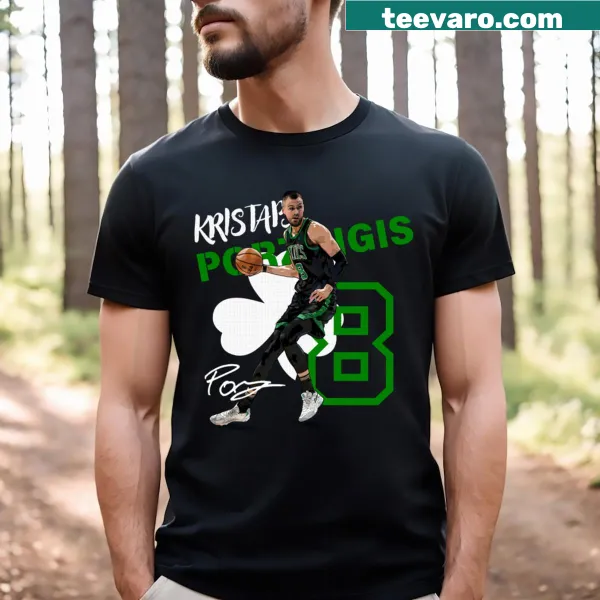 Cartoon-style t-shirt featuring Kristaps Porzingis and his number 8