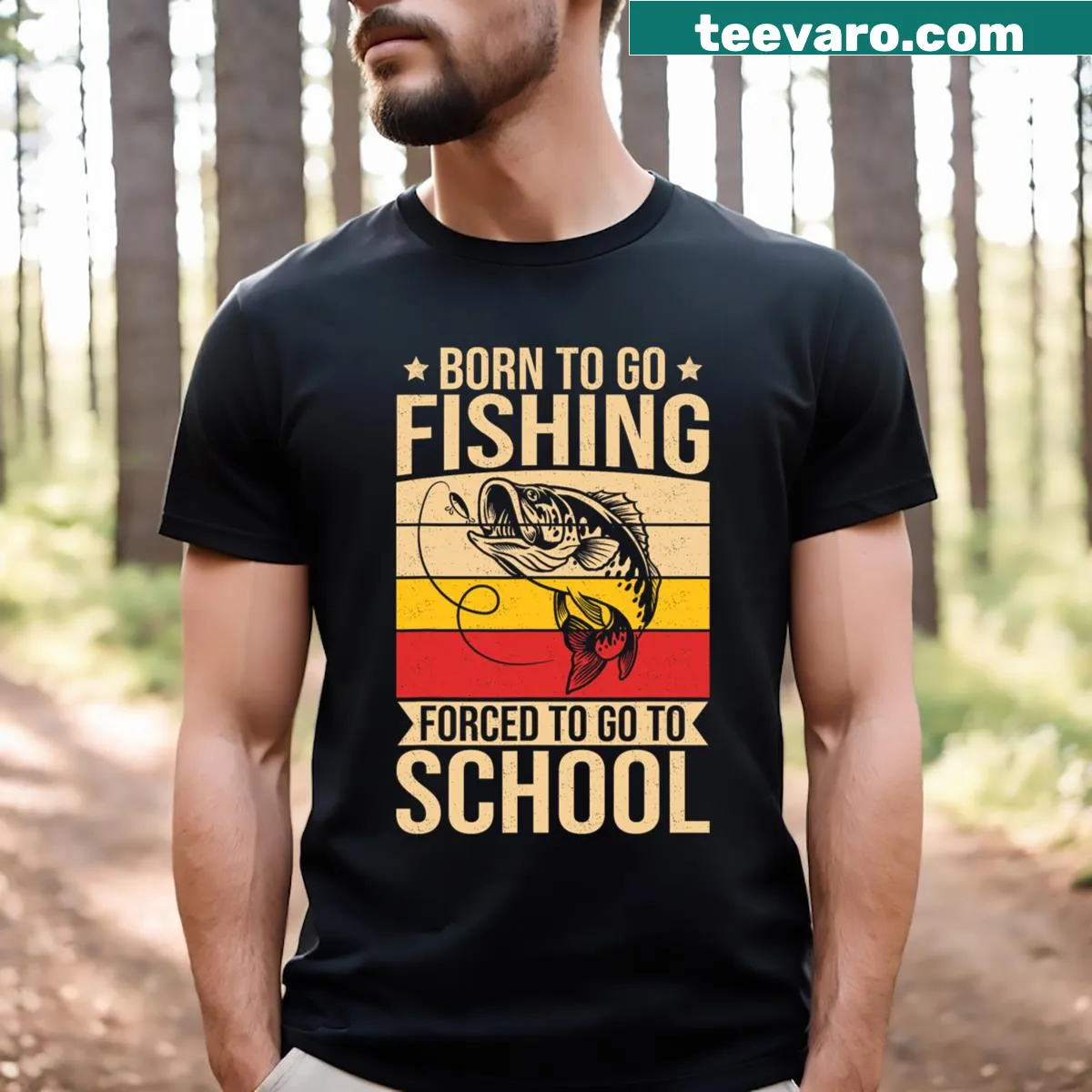 Funny kids t-shirt with the text Born To Go Fishing Forced School — on a men's t-shirt