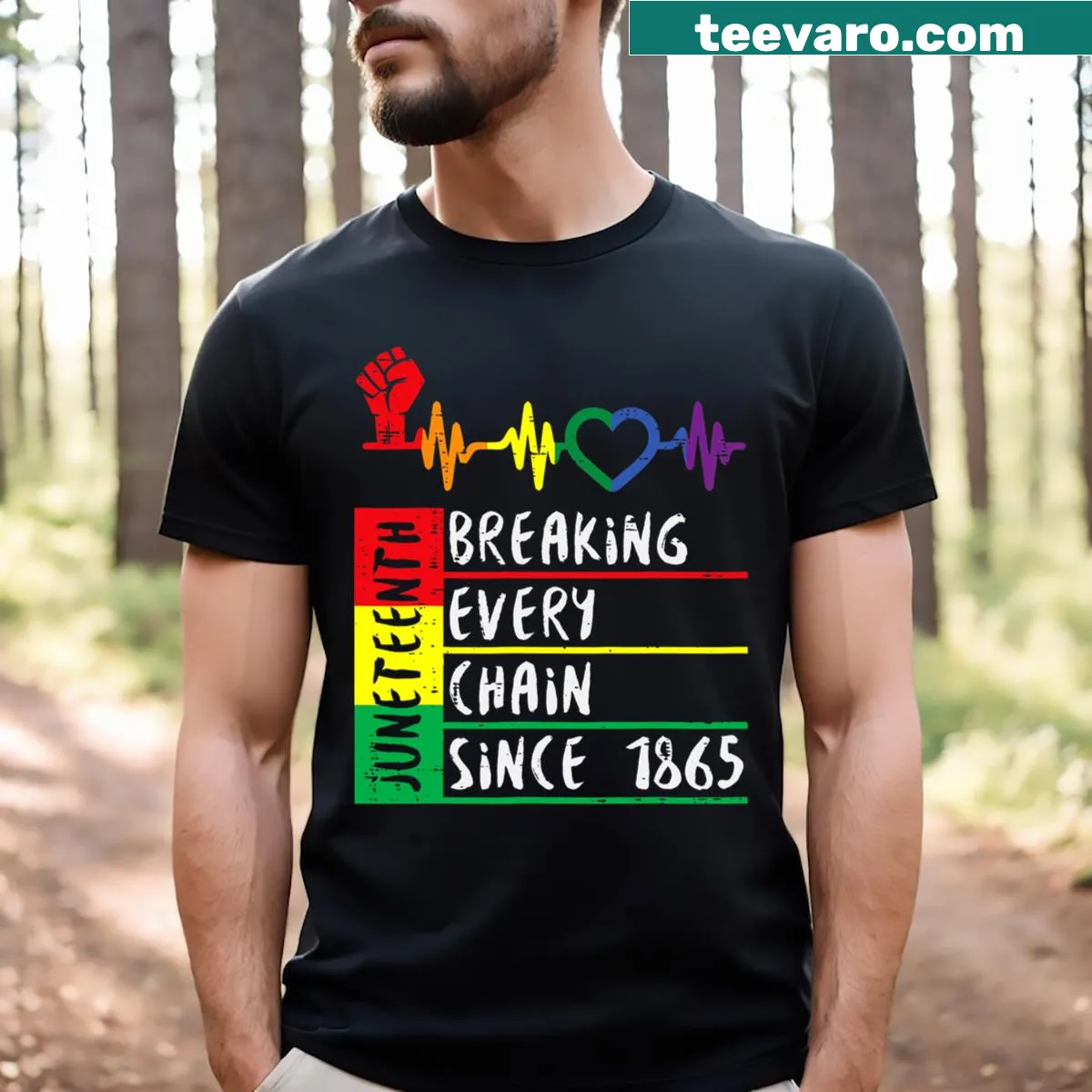 Juneteenth t-shirt with powerful Breaking Every Chain Since 1865 statement — on a men's t-shirt
