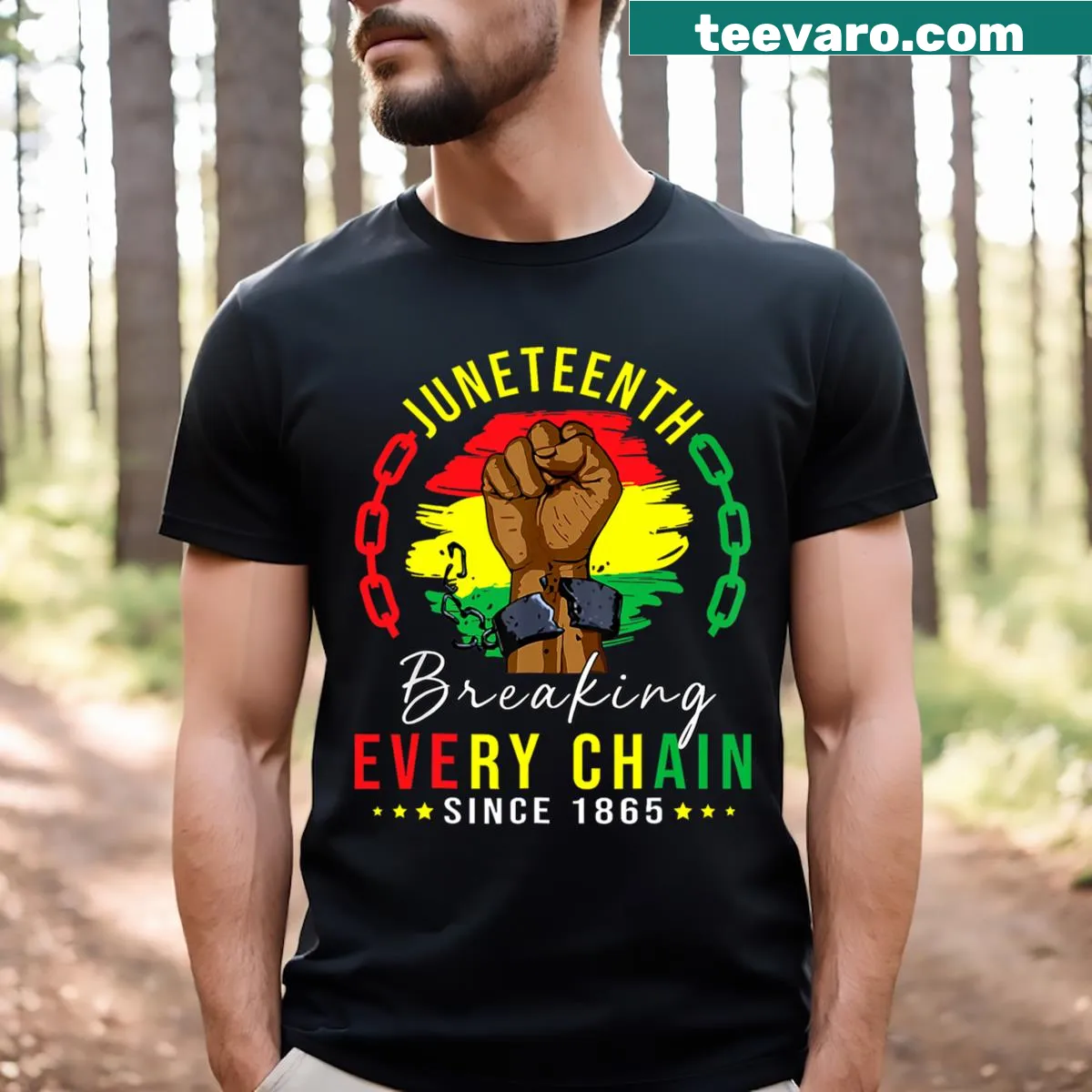 Juneteenth Freedom T-shirt with Breaking Every Chain Since 1865 text — on a men's t-shirt