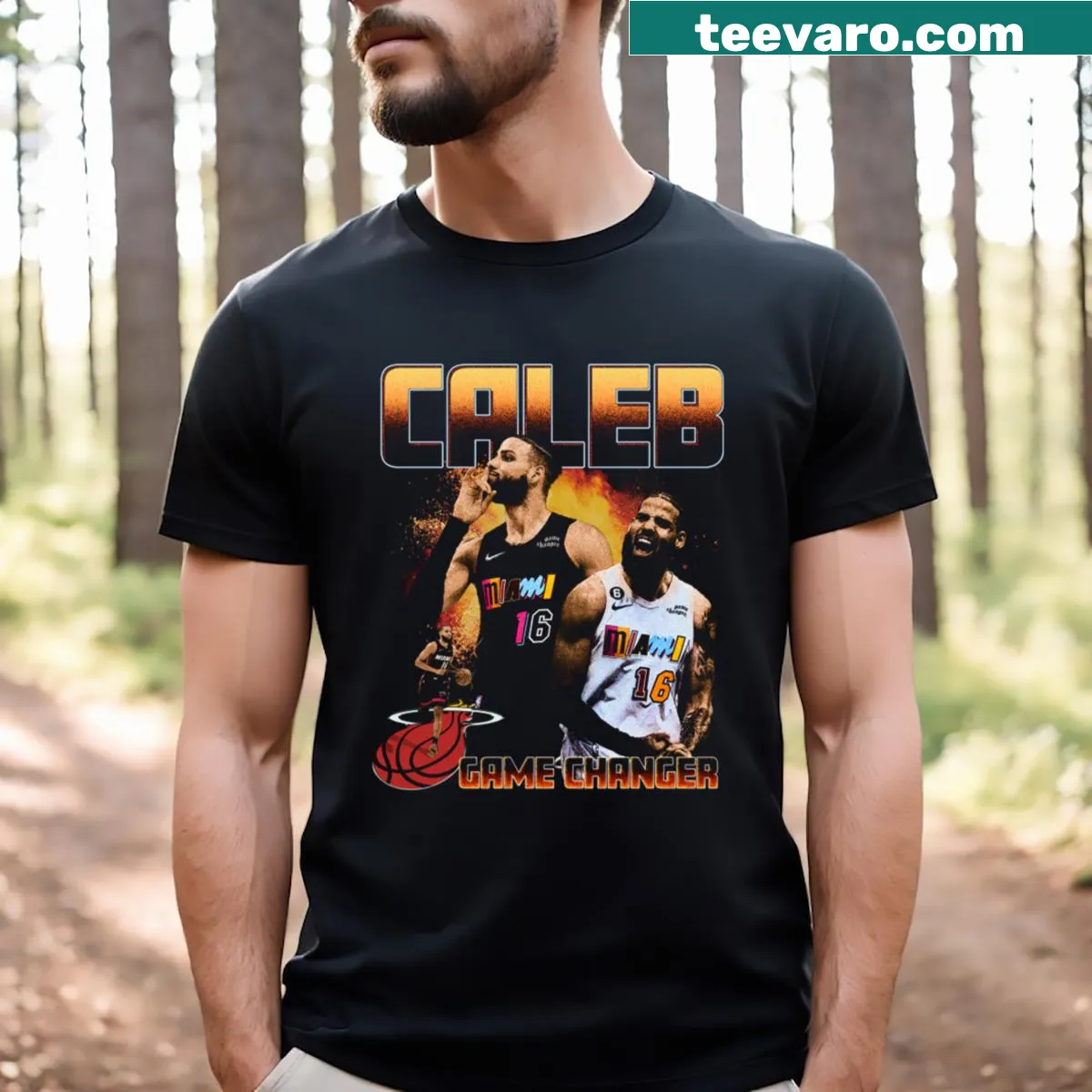 Vintage collage print T-shirt celebrating Caleb Martin's basketball career — on a men's t-shirt