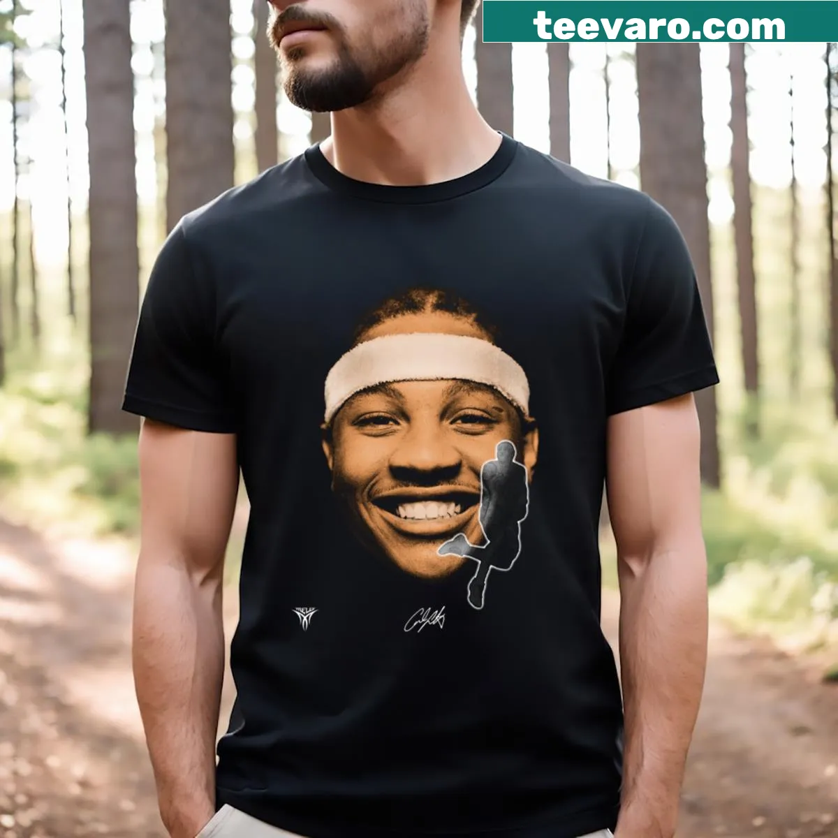 Big face graphic of Carmelo Anthony on a vintage T-shirt — on a men's t-shirt