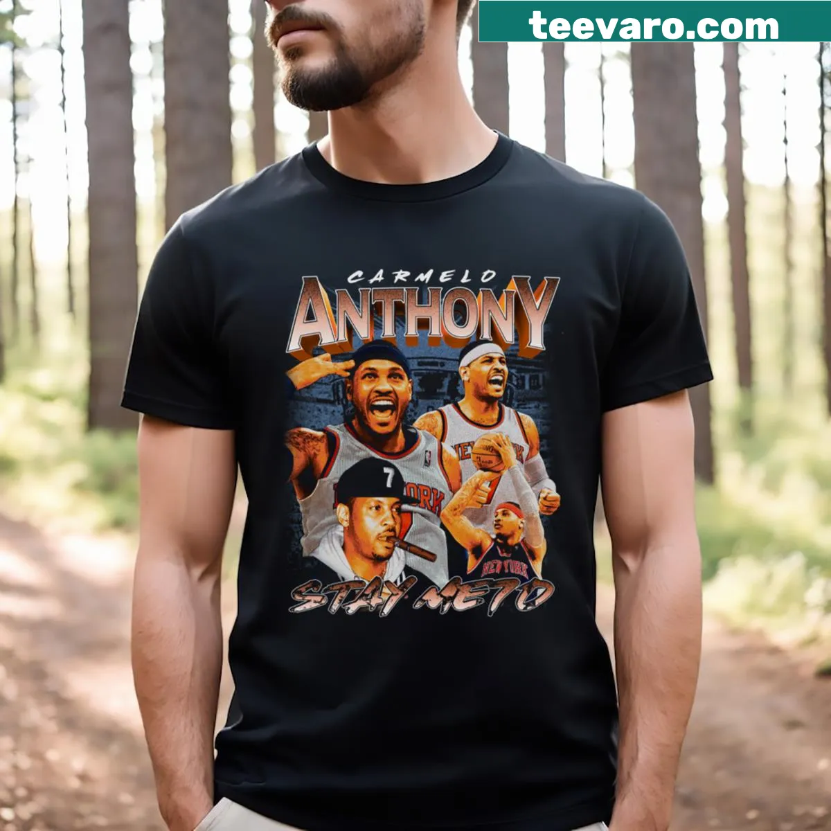 Carmelo Anthony Stay Me7o t-shirt with a motivational slogan — on a men's t-shirt