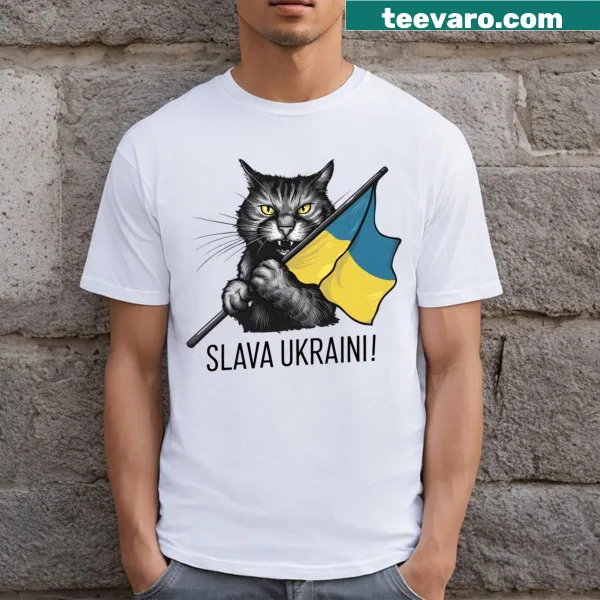 Cat and Slava Ukraini graphic t-shirt supporting Ukraine