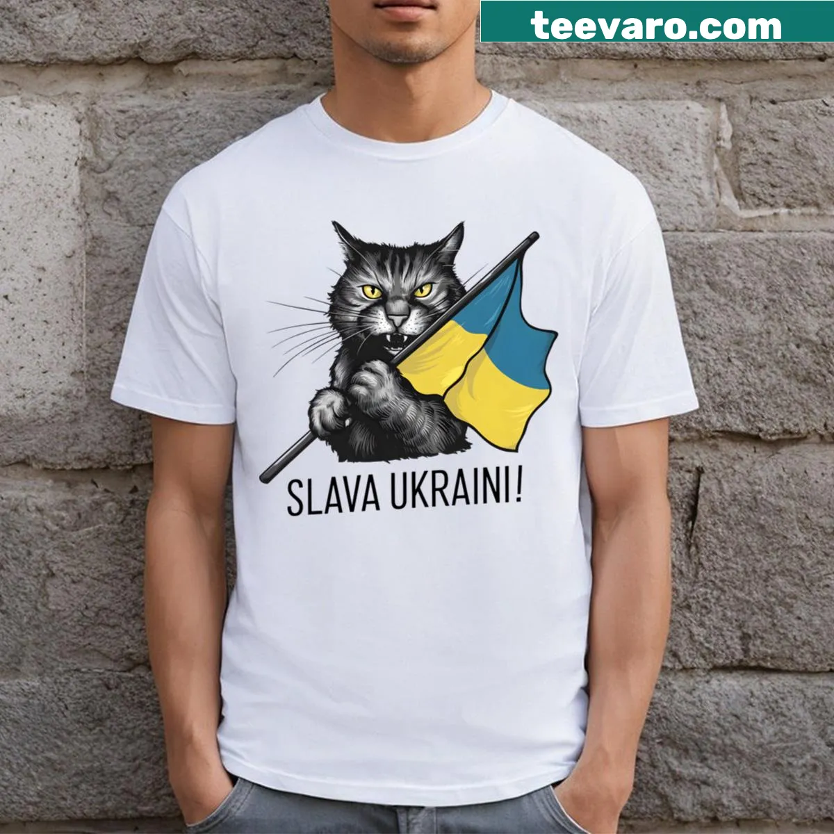 Cat and Slava Ukraini graphic t-shirt supporting Ukraine — on a men's t-shirt