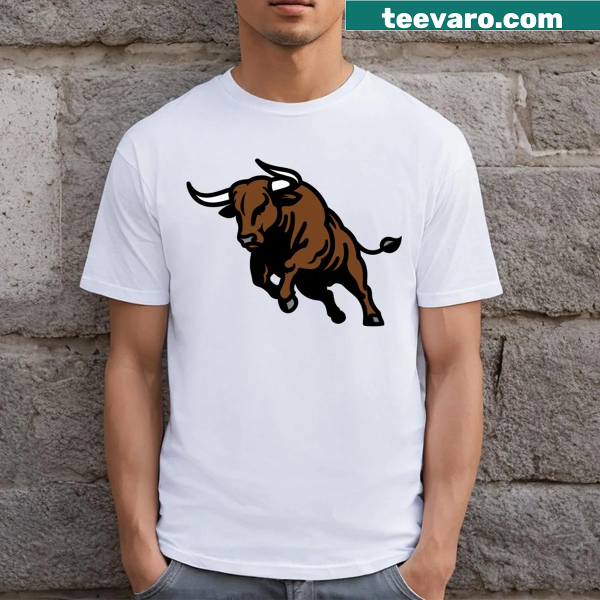 Rodeo Bull T-shirt with a fierce charging bull illustration — on a men's t-shirt