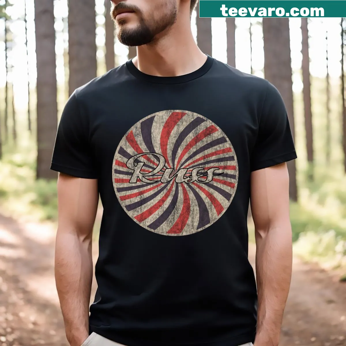 Vintage-style T-shirt featuring a circular graphic of Russ — on a men's t-shirt