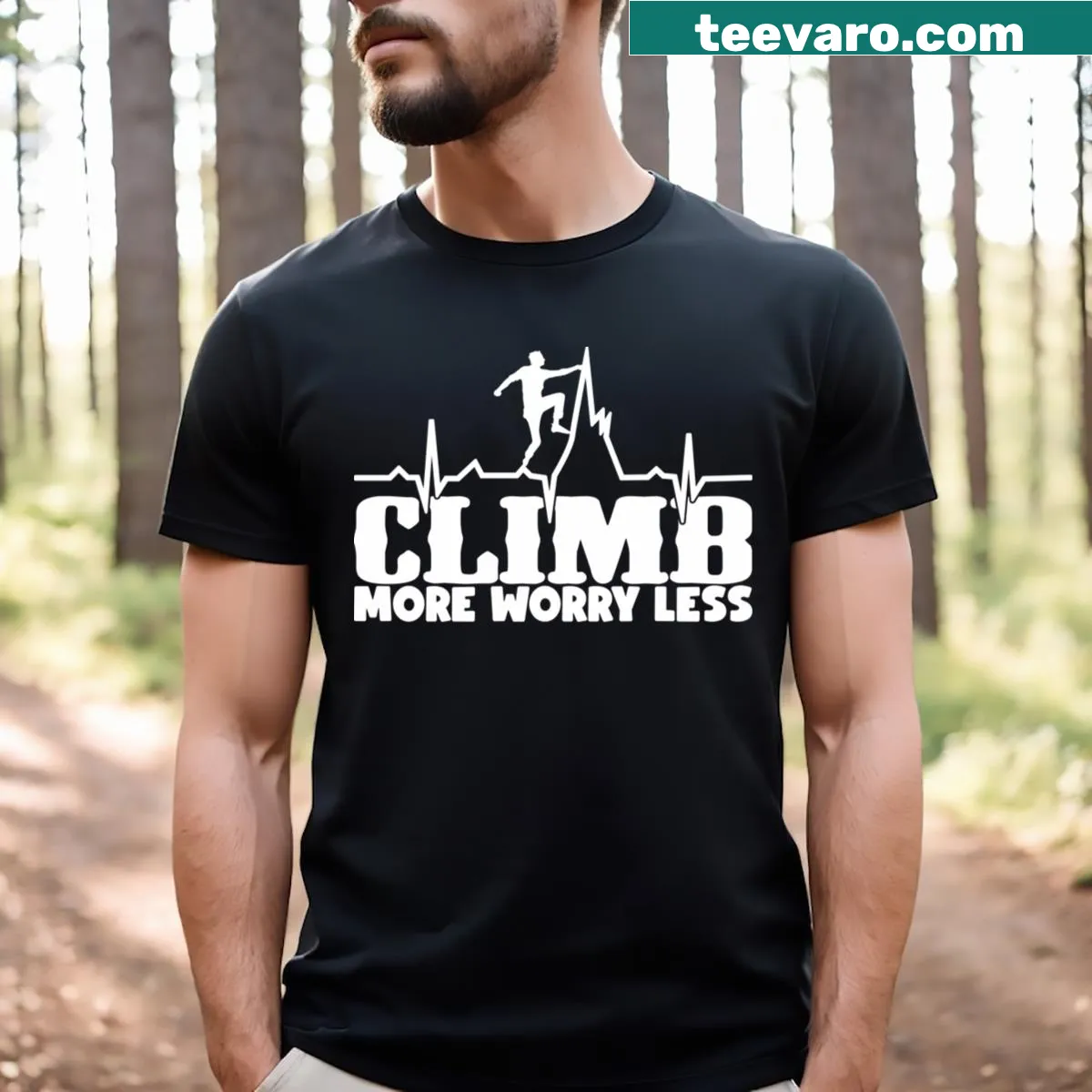 Climb More Worry Less T-shirt with motivating phrase — on a men's t-shirt