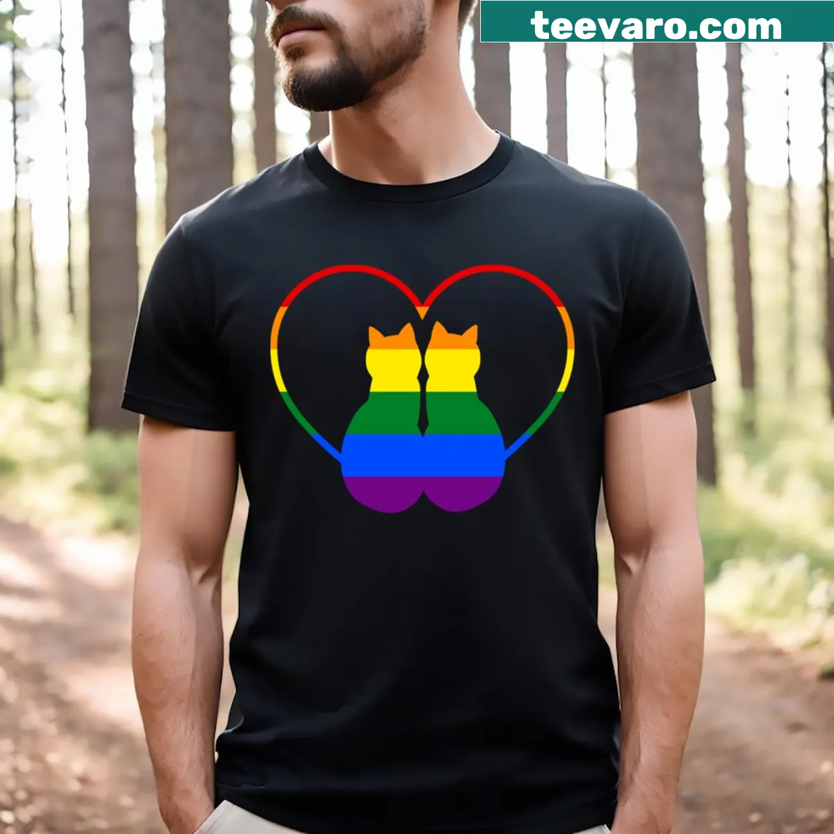 Illustration of two cats in a heart for Couple Cat Love T-shirt — on a men's t-shirt
