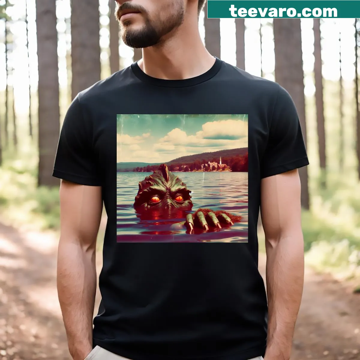 Cartoon T-shirt featuring the Creeper of the Black Lagoon — on a men's t-shirt