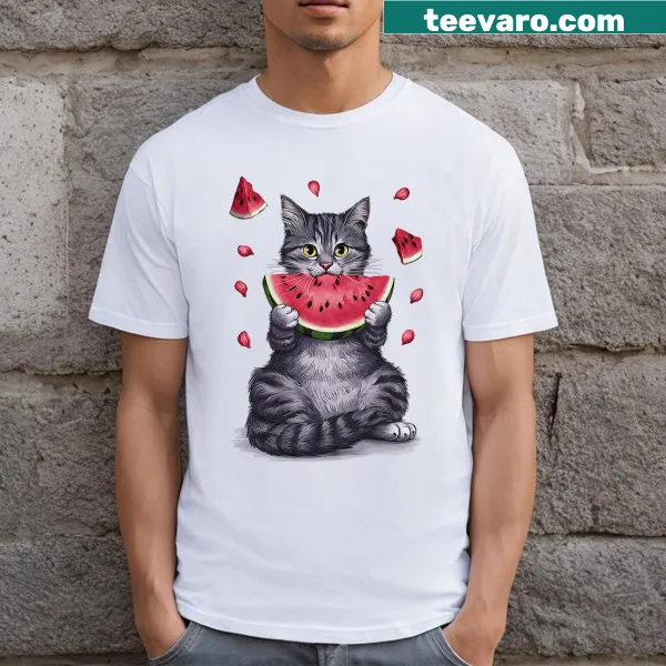 Adorable cat eating watermelon graphic T-shirt