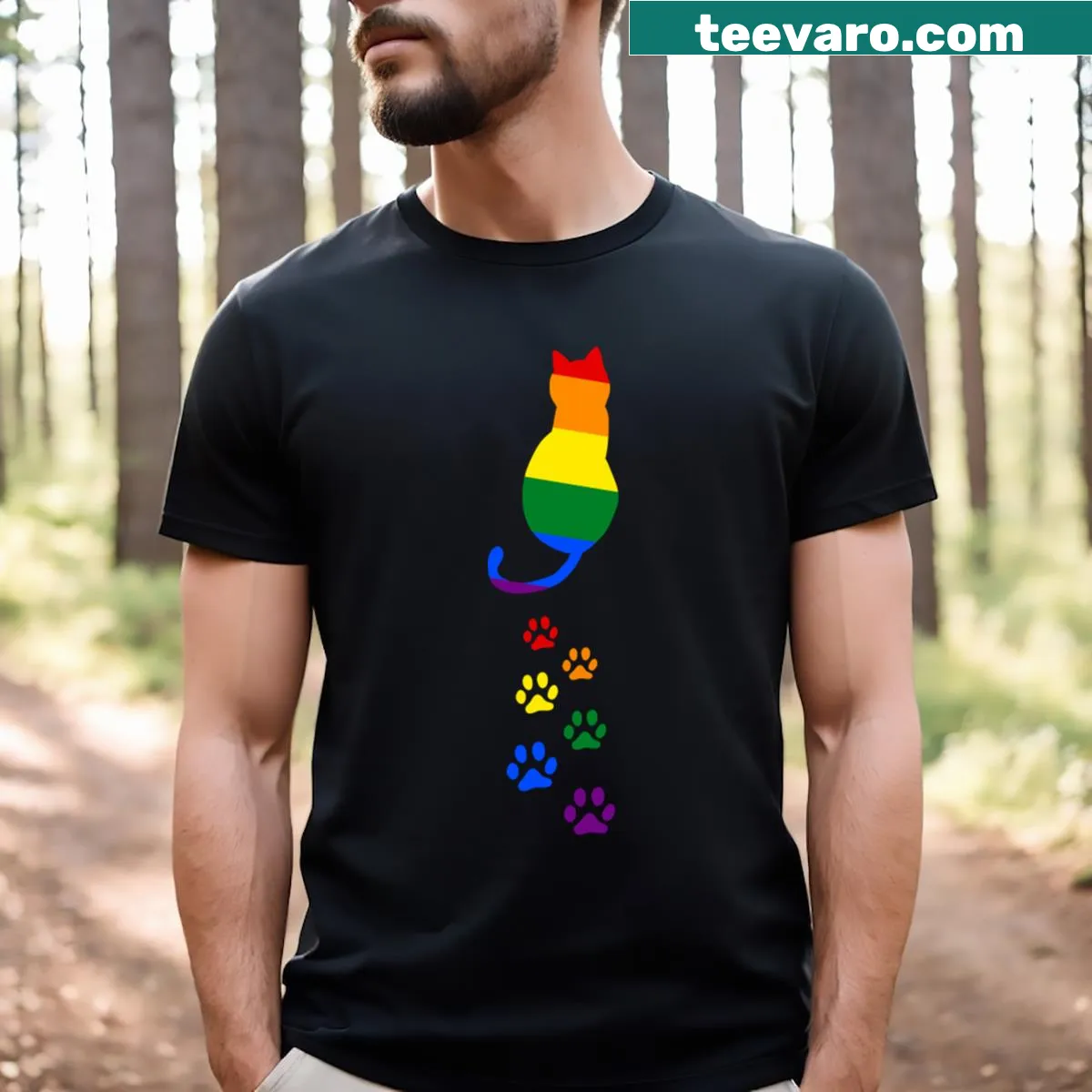 Typography T-shirt featuring a cat paw design and support message — on a men's t-shirt