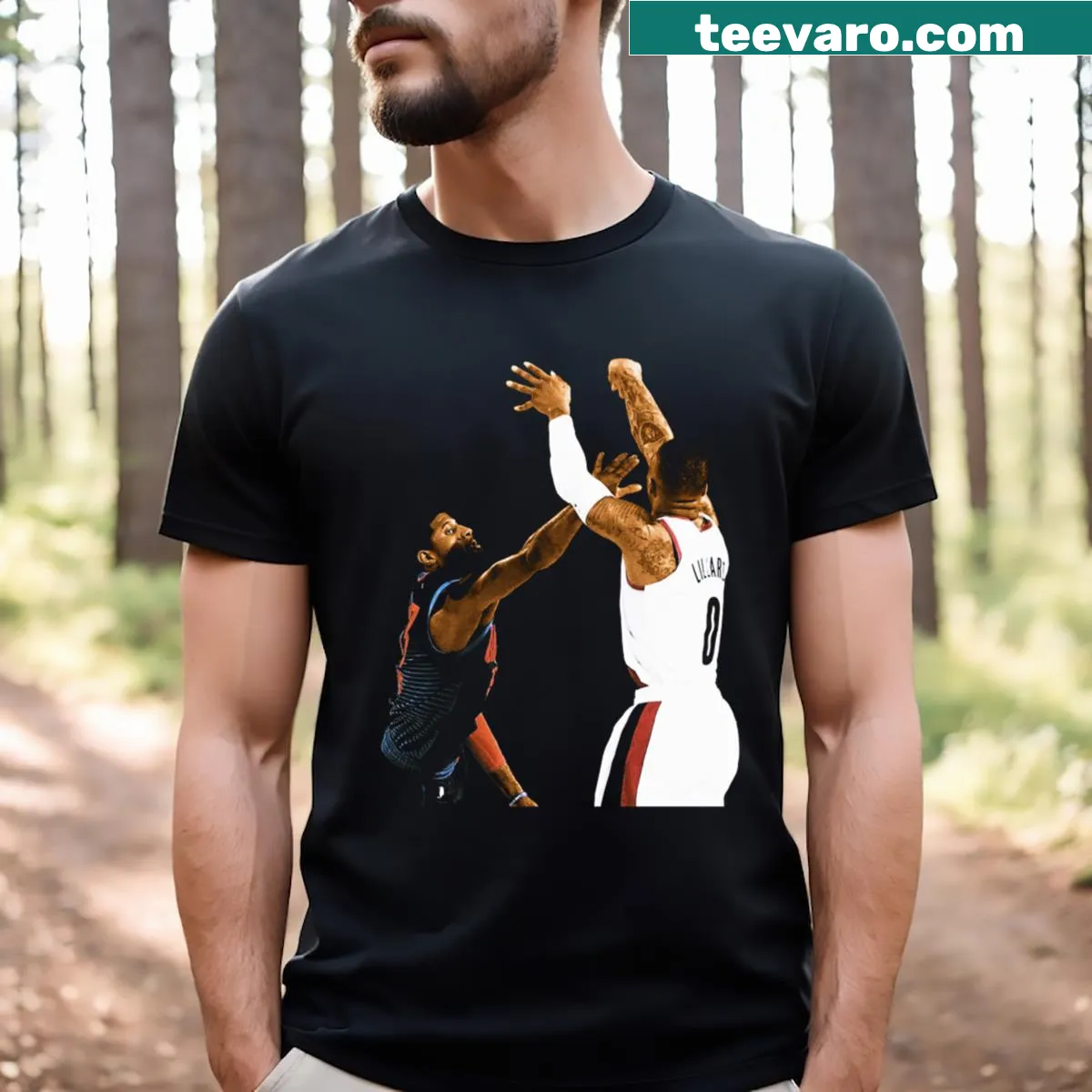 T-shirt featuring a humorous design about Damian Lillard's shot — on a men's t-shirt