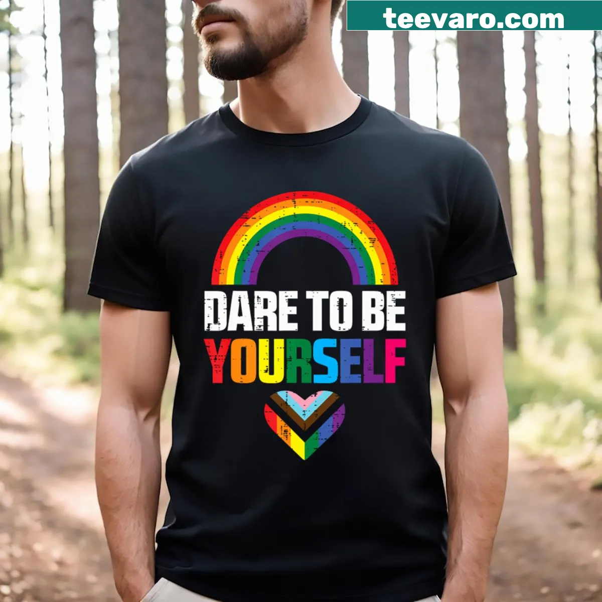 Inspirational LGBTQ flag graphic with 'Dare To Progress' message — on a men's t-shirt