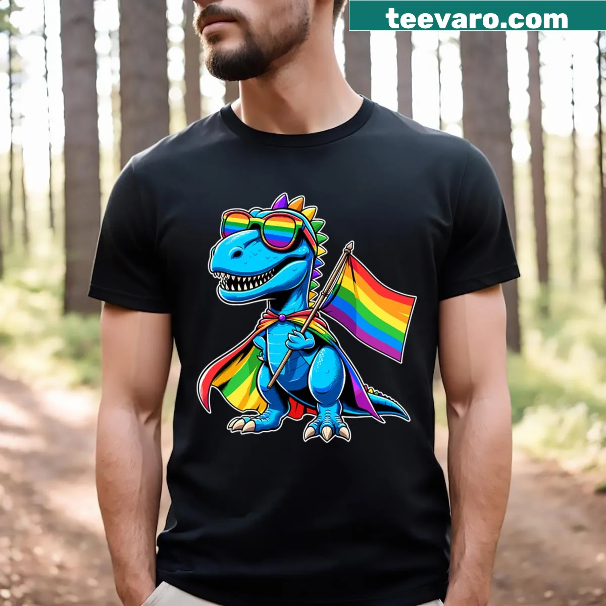 Dinosaur T-shirt featuring LGBT rainbow flag design — on a men's t-shirt