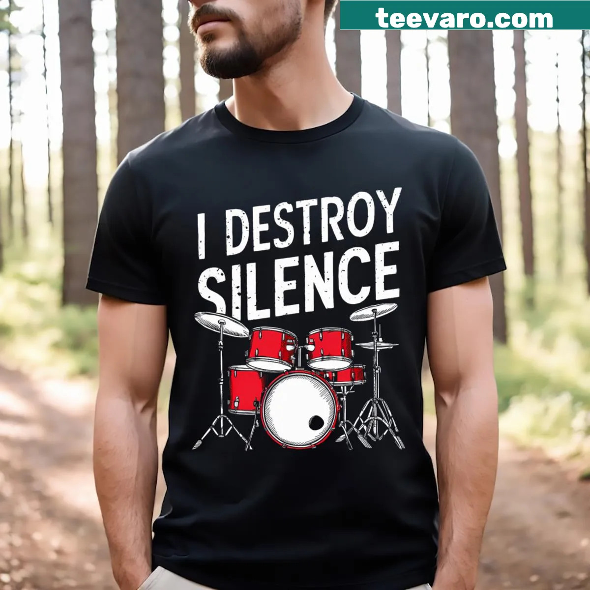 Graphic of a drum set and percussion instruments on T-shirt — on a men's t-shirt